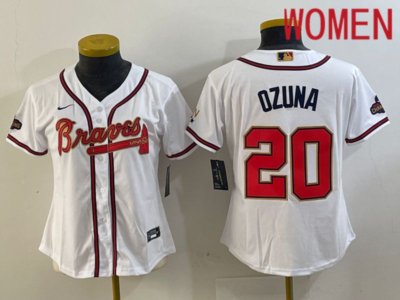 Women Atlanta Braves #20 Ozuna White gold Champion 2024 Nike MLB Jersey style 1